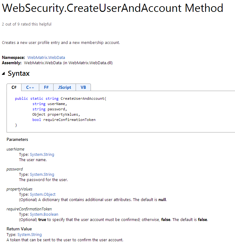 WebSecurity.CreateUserAndAccount