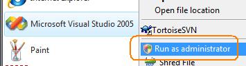 Visual Studio 2005 -Run as Admin