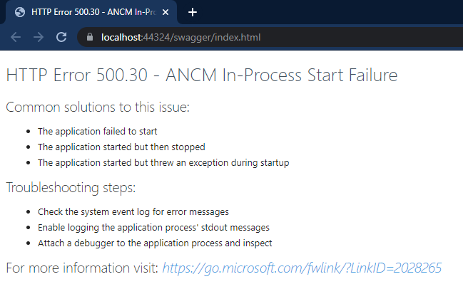 HTTP Error 500.30 - ANCM In-Process Start Failure - ASP.NET CORE Web API + Swagger