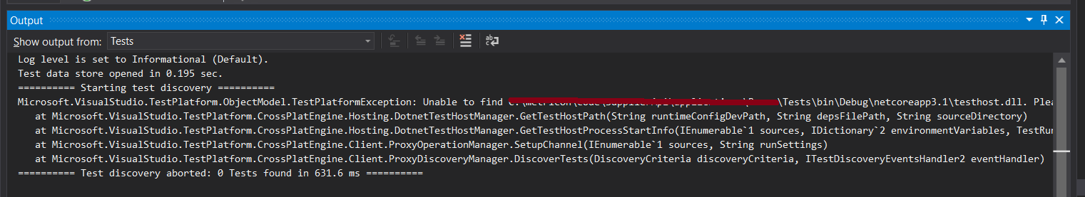 Error in finding the xunit tests on Visual Studio 2019